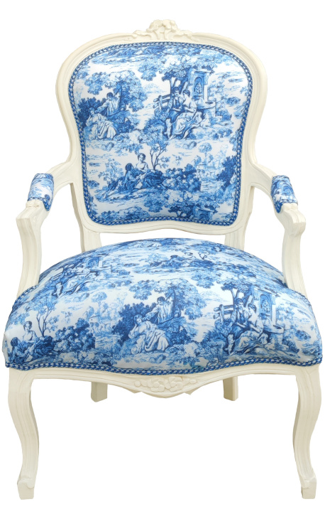 [Limited Edition] Lænestol af Louis XV Style Toile de Jouy Blue & Beige patineret træ - 1