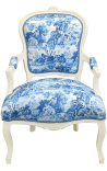 [Edition Limitée] Fauteuil Louis XV de style baroque tissu toile de Jouy bleu et bois beige patiné - 1