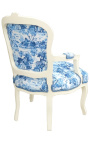 [Edition Limitée] Fauteuil de style Louis XV tissu toile de jouy bleu et bois beige patiné