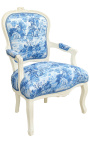 [Limited Edition] Armchair av Louis XV stil toile de Jouy blå & beige trä patinerad