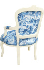 [Limited Edition] Armchair of Louis XV style toile de Jouy blue & beige wood patinated
