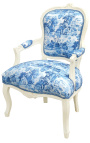 [Limited Edition] Armchair of Louis XV style toile de Jouy blue & beige wood patinated
