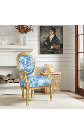 [Edition Limitée] Fauteuil Louis XVI de style baroque tissu toile de Jouy bleu et bois doré