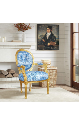 [Limited Edition] Louis XVI baroque style armchair with toile de Jouy fabric blue and gilded wood