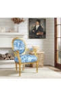 [Edición limitada] Sillón barroco Luis XVI con tela toile de Jouy azul y madera dorada