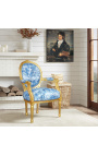 [Edition Limitée] Fauteuil Louis XVI de style baroque tissu toile de Jouy bleu et bois doré