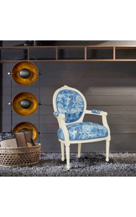 [Limited Edition] Armchair of Louis XVI style blue toile de Jouy and beige wood