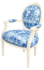 [Edition Limitée] Fauteuil Louis XVI de style baroque tissu toile de Jouy bleu et bois beige patiné