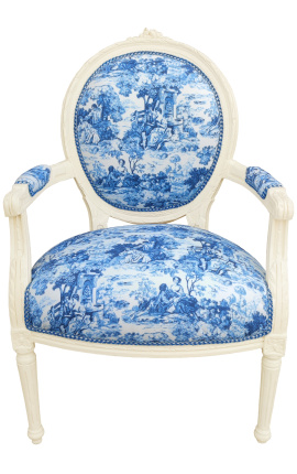 [Limited Edition] Armchair of Louis XVI style blue toile de Jouy and beige wood
