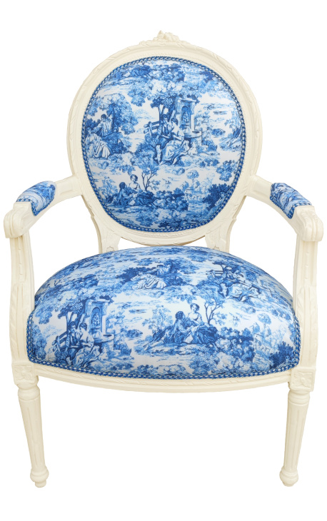 [Limited Edition] Armchair av Louis XVI stil blå toile de Jouy och beige trä