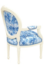 [Limited Edition] Sillón de estilo Luis XVI toile azul de Jouy y madera beige