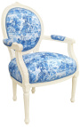 [Limited Edition] Sessel Louis XVI Stil blaue Toile de Jouy und beige Holz