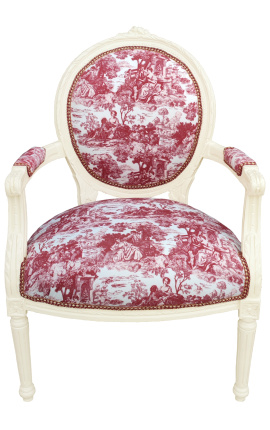 [Edició Limitada]Cadira Lluís XVI en tela de tela d'estil barroc de Jouy vermell i fusta beix patinada