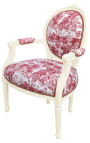 [Edition Limitée] Fauteuil Louis XVI de style baroque tissu toile de Jouy et bois beige patiné