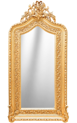 Très grand miroir baroque doré de style Louis XVI bicorne