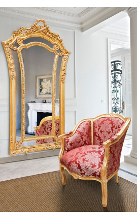 Big bergere armchair Louis XV style red &quot;Gobelins&quot; satine fabric and gold wood