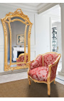 Big bergere armchair Louis XV style red "Gobelins" satine fabric and gold wood