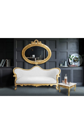 Barockes Napoleon III-Sofa aus weißem Kunstleder und goldenem Holz