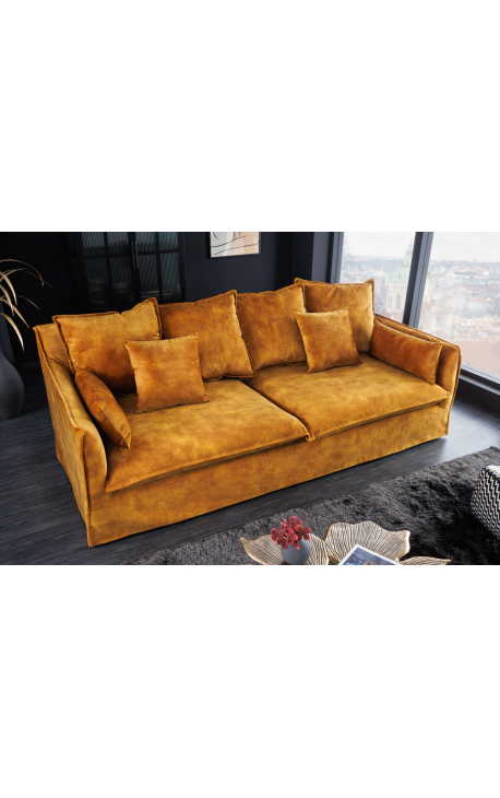 Trivietis garstyčių spalvos aksominis sofa CELESTE