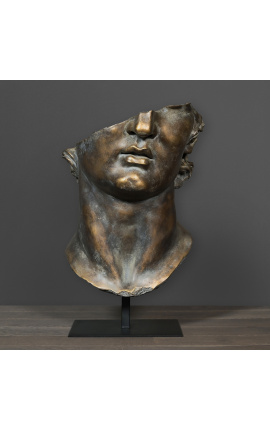 Stor skulptur "Apollos hode fragment" patinert bronse på svart metall støtte