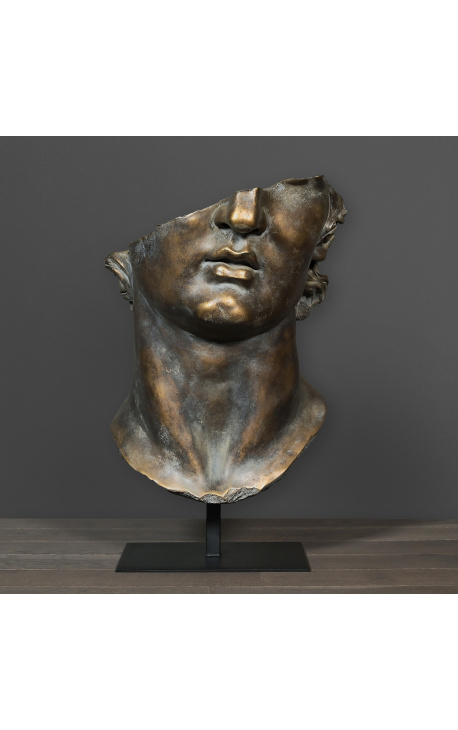 Gran escultura "fragmento de cabeza de Apolo" color bronce y soporte de metal negro