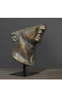 Grande scultura "frammento Testa di Apollo" colore bronzo e supporto in metallo nero