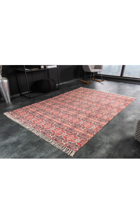 Très beau et grand tapis rouge en coton avec motifs Amérindiens 230 x 160