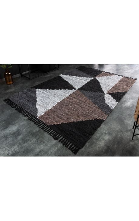 Grande tapete de couro cinza com padrões geométricos 230 x 160