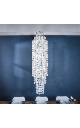 Contemporary round waterfall chandelier with mother of pearl pendants