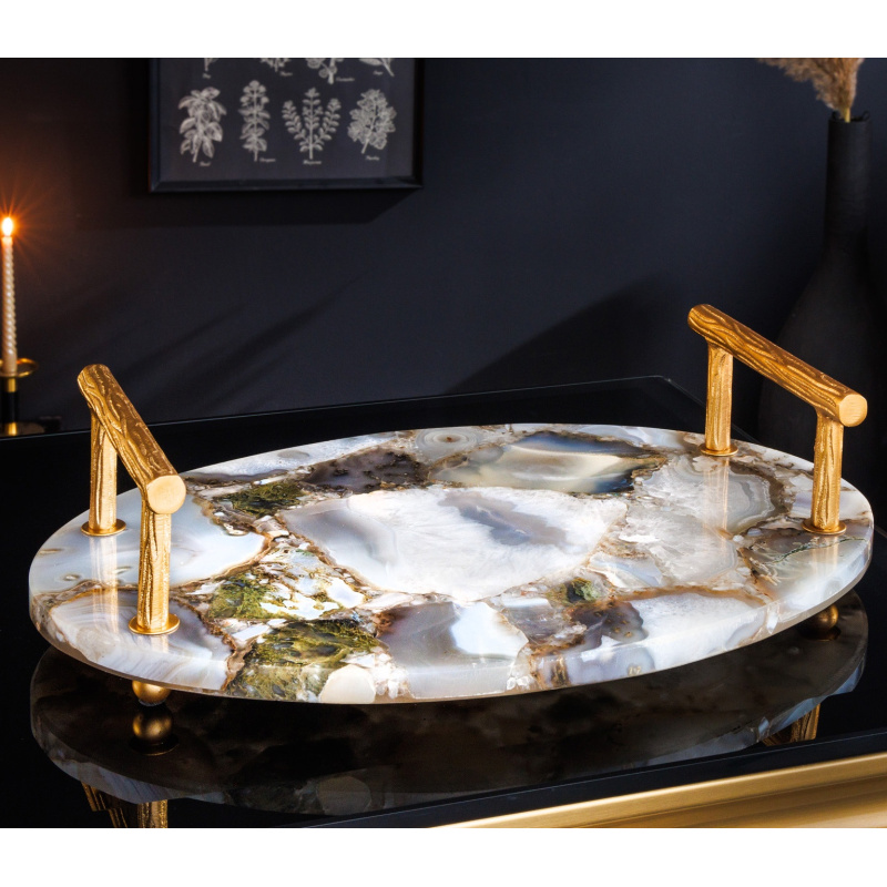 Oval serving tray in agate with golden handles