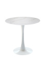 Mesa redonda "Bistrot" com pé branco e tampo em vidro imitação de mármore