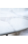 Mesa redonda "Bistrot" com pé branco e tampo em vidro imitação de mármore