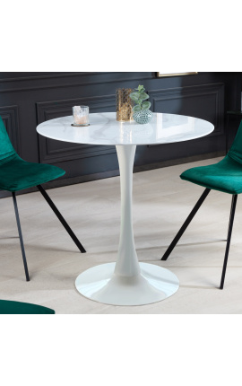 Apvalus stalas "Bistrotas" su balta pėda ir viršaus stiklo imitacijos marmuru