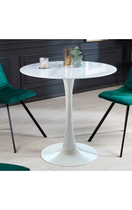 Rundt bord "Bistrot" med hvit fot og topp i glassimitasjon marmor