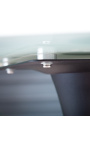 Table ronde "Bistrot" avec pied noir et plateau en verre imitation marbre