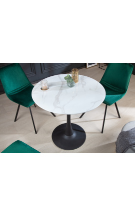 Round tafel &quot;Bistrot&quot; met zwarte voet en top in glas imitatie marmer