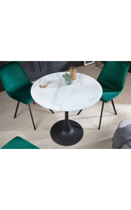 Table ronde &quot;Bistrot&quot; avec pied noir et plateau en verre imitation marbre