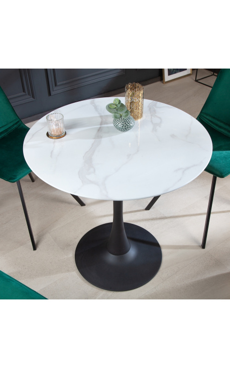 Table ronde Bistrot avec pied noir et plateau en verre imitation