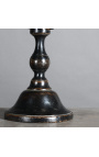 Duże srebrne jajko w dmuchanym szkle na czarnej rzeźbionej drewnianej podstawie