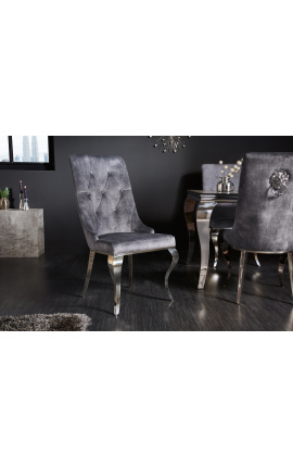 2 šiuolaikiškų barokinių pilko aksomo ir chromuoto plieno kėdžių rinkinys