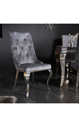 Set of 2 contemporary baroque chairs in gray velvet and chromed steel