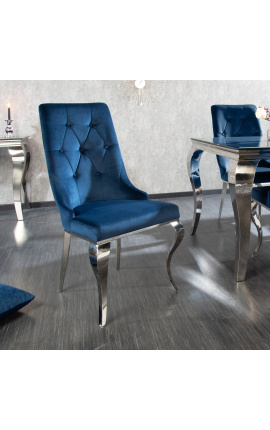 2 šiuolaikiško baroko mėlyno aksomo ir chromuoto plieno kėdžių rinkinys