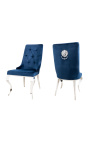 Set van 2 eigentijdse barokstoelen blauw fluweel en verchroomd staal