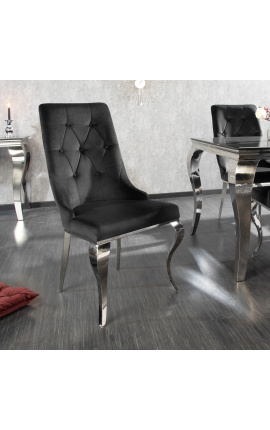 2 šiuolaikiškų barokinių juodo aksomo ir chromuoto plieno kėdžių rinkinys
