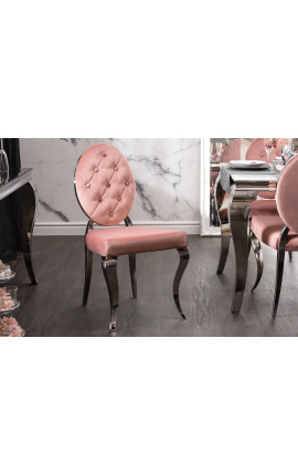 Set di 2 sedie barocche contemporanee medaglione rosa e acciaio cromato