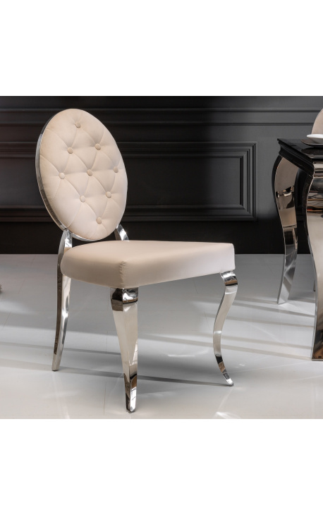 Conjunto de 2 sillas barrocas contemporáneas medallón beige y acero cromado