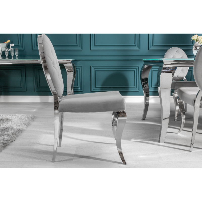 Set of 2 modern baroque chairs, straight back, gray and chromed steel