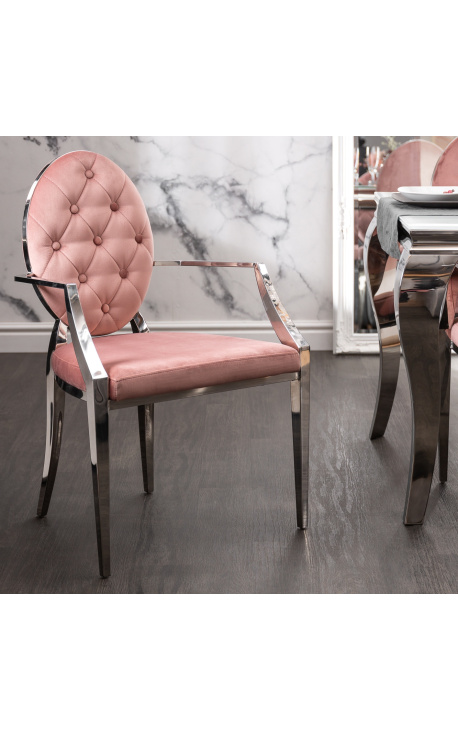 Set of 2 contemporary baroque armchairs pink medallion and chromed steel