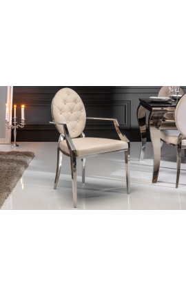 Conjunto de 2 sillones barrocos contemporáneos medallón beige y acero cromado