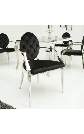 Ensemble de 2 fauteuils baroque contemporains médaillon noir et acier chromé